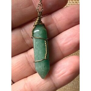 Brass Green Aventurine Crystal Point Necklace Wire Wrapped Boho Hippie Aesthetic